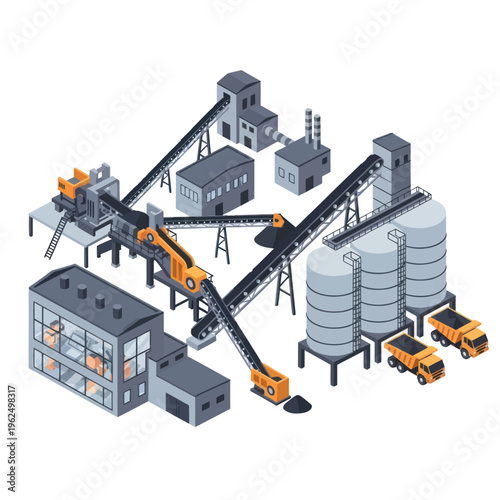 Isometric View of a Cement Factory with Conveyor Belts and Silos.