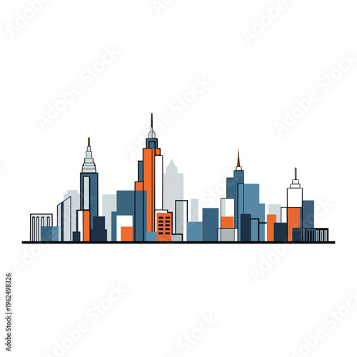 Minimalist city skyline illustration, modern urban cityscape vector icon, blue and orange skyscraper silhouette on white background