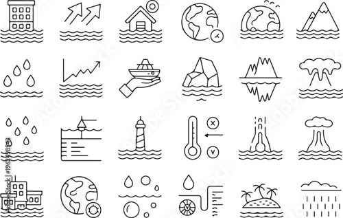 flood line icons environmental hazard sea level symbols set