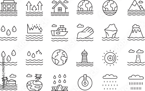 flood icons climate change sea level rise line art grid