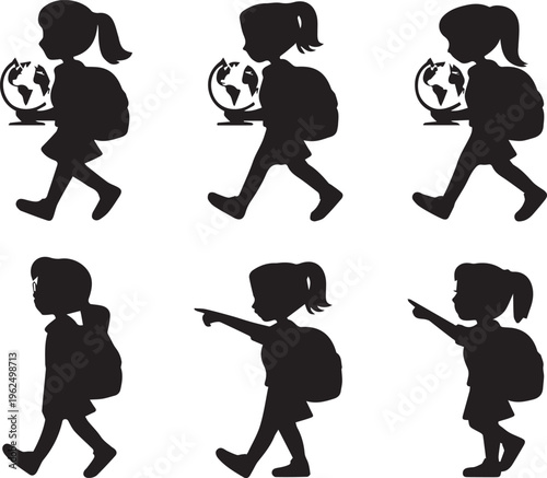 School girl silhouettes carrying backpacks and holding globes set of female students walking and pointing for education and travel concepts