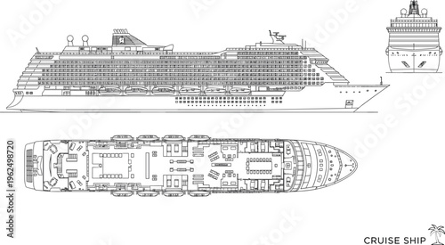 Detailed cruise ship vector illustration showing side, top, and front views with decks, lifeboats, bridge, vacation travel design layout.