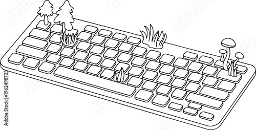 Isometric outline keyboard with growing trees, mushrooms, and grass, organic life on a tech accessory.