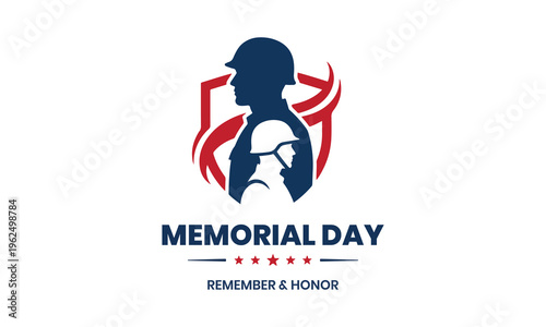 Patriotic Memorial Day vector logo, soldier silhouettes with shield and stars, Remember and Honor military tribute graphic in red and blue