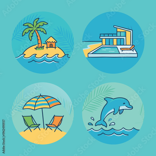 Tropical Island Paradise Vacation Icons.