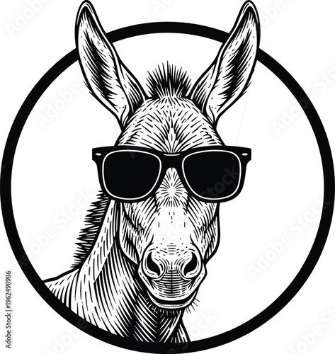 Donkey head illustration wearing sunglasses inside circular frame, humorous animal drawing with detailed line art, modern funny vector design artwork