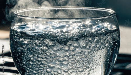 Close-up of boiling water with bubbles forming and rising inside a transparent pot.