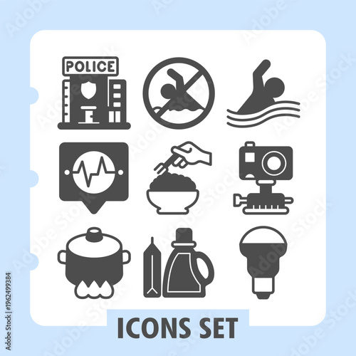 Police department, heartbeat, saucepan modern icons set including police, emergency, cooking items in solid style for apps and print on white background. Set of nine glyph icons.