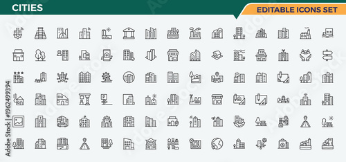 Cities icon set. Town linear icon set. Minimal linear icons. Includes symbols for urban, town, building, connect, transport and more. Editable stroke. Pixel Perfect.