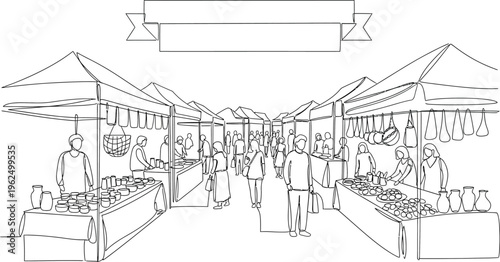 outdoor market stalls with people