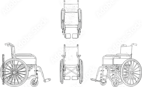 Manual wheelchair technical drawing vector illustration showing top, side, rear views with engineering design concept artwork.