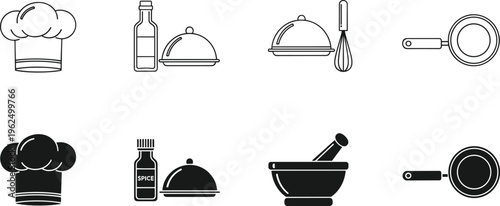 Black and white kitchen utensil including chef hats and cooking tools utensils
