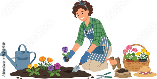 Woman nurtures vibrant flowers in a garden, dedicating time to her.