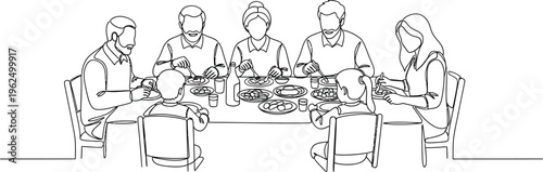 people sitting around table line drawing