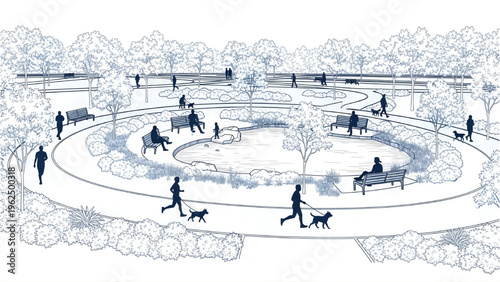 Park Recreation Human Figures, Jogging, Dog Walking, Sitting on Bench, Architectural Landscape Blueprint Drawing