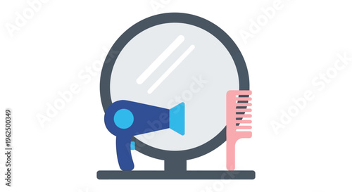 Hair dryer and comb in front of mirror in minimalistic flat design for beauty and haircare