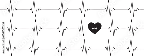 ECG heartbeat lines, heart symbol, medical vector graphics, black and white illustration, health and wellness icons