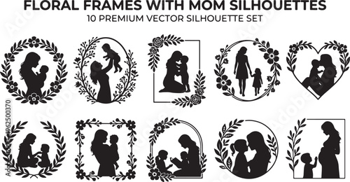 Floral framed silhouettes of mother and child in black and white