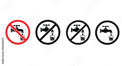 Four black and one red prohibition signs with faucet and bottle icons on a white background.