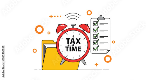 Illustration of a red alarm clock with 'TAX TIME' on its face, surrounded by a checklist and folders on a white background with orange accents.