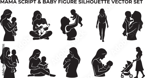Mama and baby silhouette set in black and white minimalist style mother