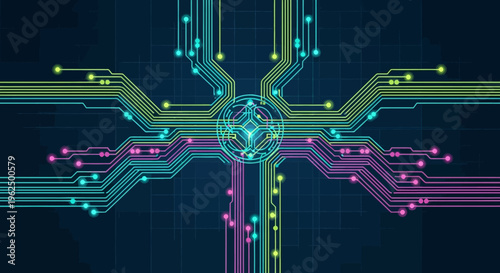 colorful circuit board illustration with glowing neon connections