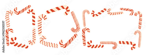 Set of three blank frames of hand drawn candy canes. Festive christmas holiday design with copy space