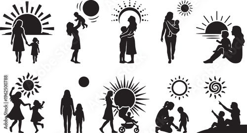 People silhouettes in various activities under sun and moon symbols with abstract backgrounds sun symbol