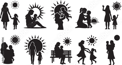 Silhouettes of diverse people engaging in various activities under sun and moon symbols