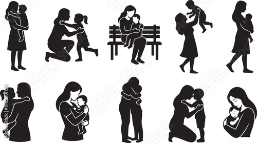 Silhouettes of diverse people engaged in various daily activities and sports in monochrome walking running