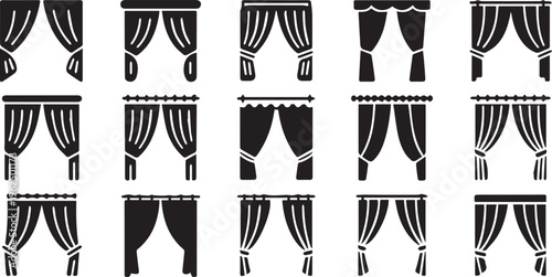 Curtain, Drapery, Window Treatment Icons, Black and White Vector Illustrations