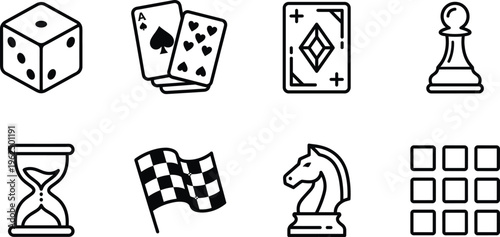 Board Game and Casino Line Icon Set with Dice, Playing Cards, Chess Pieces, Hourglass, Checkered Flag, Knight, and Grid Strategy Symbols