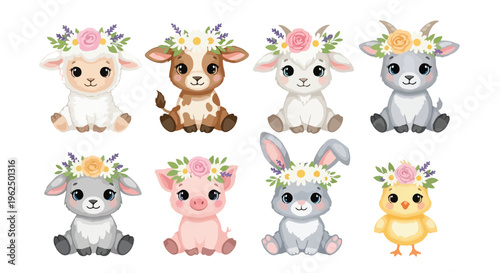 Flat lay of cute cartoon farm animals wearing floral crowns on a white background, including a lamb, calf, rabbit, donkey, pig, and chick in a colorful arrangement.