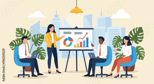 Business team collaborating on a presentation with graphs in a modern office setting with a cityscape background.