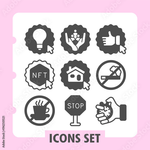Lightbulb sticker, nft badge, coffee ban modern icons set depicting support, home, prohibition and voting items in solid style for apps and print on white background. Set of nine glyph icons.