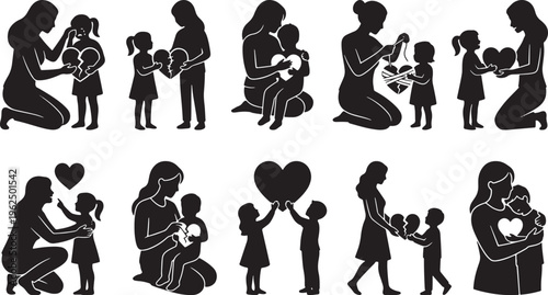 Silhouettes of diverse people holding various musical instruments and accessories in black and white