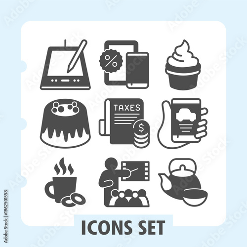 Pen tablet, candy, tea mug modern icons set depicting food, savings, analytics and business items in solid style for apps and print on white background. Set of nine glyph icons.