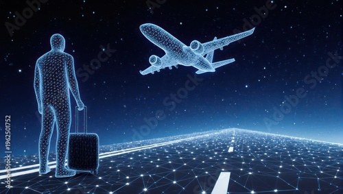 Digital traveler on a futuristic runway, airplane in the night sky