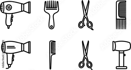 Black and white line of hair salon tools hair dryer comb scissors wide-tooth comb blow dryer