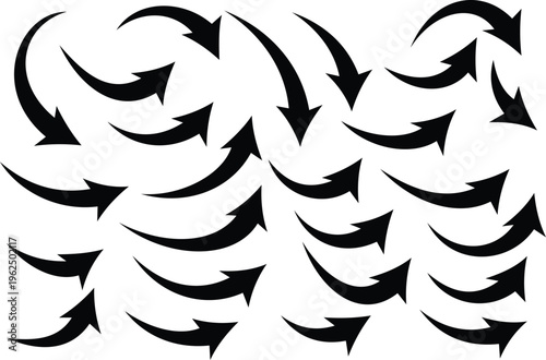 Black Flat Style Curved Arrow Icon Set, Collection Isolated Different Kinds Arrow Symbol Indicator, Vector Illustration