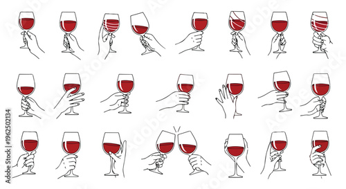 A set of hand-drawn illustrations depicting various hands holding and interacting with wine glasses in different positions on a white background.