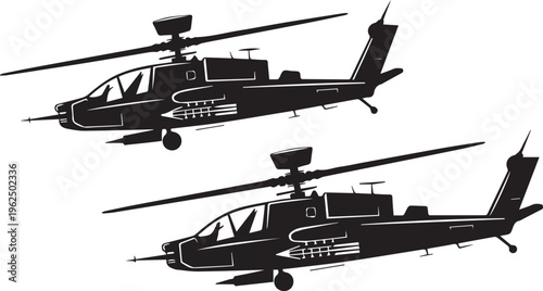 Military attack helicopter silhouette with dual aircraft views showing modern aviation technology and defensive power on white background