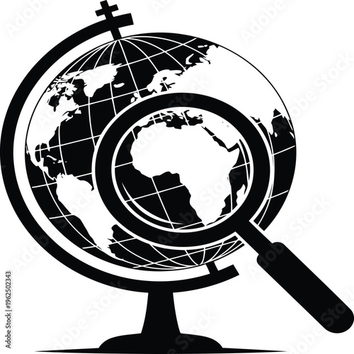 Black silhouette of a globe with a magnifying glass and cross on top for global search or investigation concept