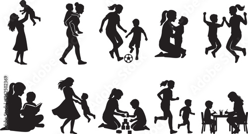 Silhouettes of diverse people performing various activities and sports in black and white