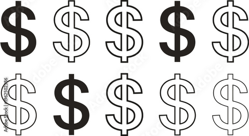 Dollar Sign Icon Set with Currency Symbols in Line and Solid Style, Finance Money Icons for Banking, Payment, Business, and Economic Design