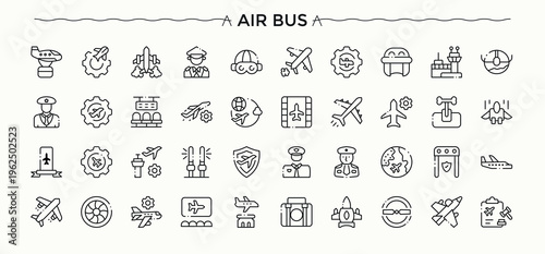 Air Bus vector line icon set. Contains such icons as plane, flight, airport, airplane and more. Airplane icon set in linear style. Minimalist vector collections. Editable stroke collections.