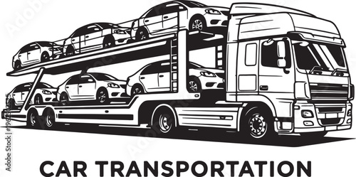 Black and white line of a car carrier truck transporting multiple vehicles on two levels also transparent background 1