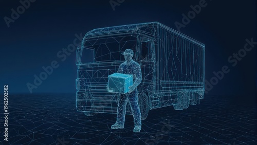 Digital delivery concept.  Worker holding package, truck.  Abstract design