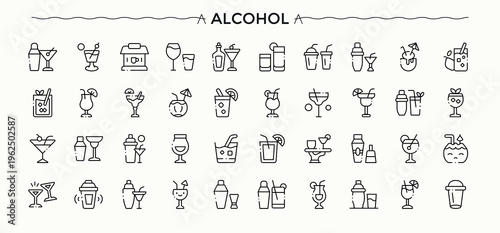 Set of Alcohol line icon. Contains related to champagne, restaurant, martini, bar, beer, whiskey, wine and more. Minimal icons collection. Wine icon set. Editable stroke collections.