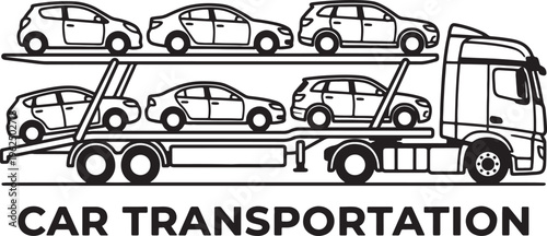 Black and white line of a car carrier truck transporting six vehicles on two levels also transparent background